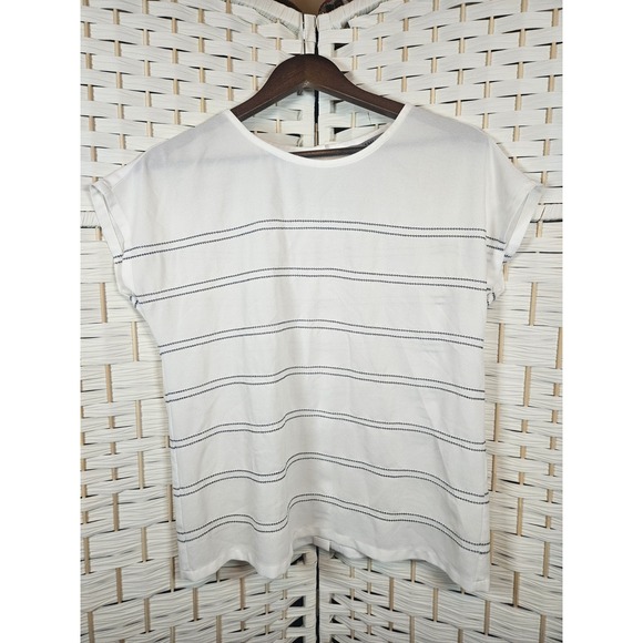 Namu Tops - Namu Womens Large White Blouse Blue Stripes Preppy Work Career
